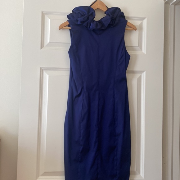 Ruffled V-Neck Metallic Navy Color Dress XSCAPE by Joanna Chen - Picture 8 of 12